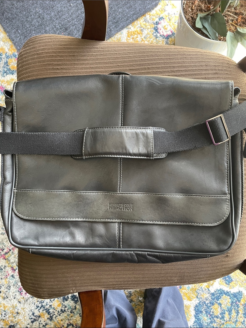 Kenneth Cole Reaction Black Leather Messenger with Adjustable Strap